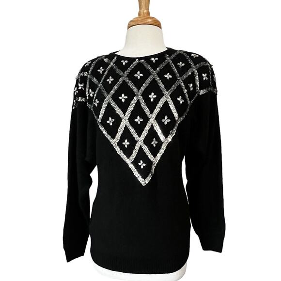 Vintage 80s 90s Samantha Starr Black Silver Sequin Silk Angora Sweater Women's L - Picture 1 of 8